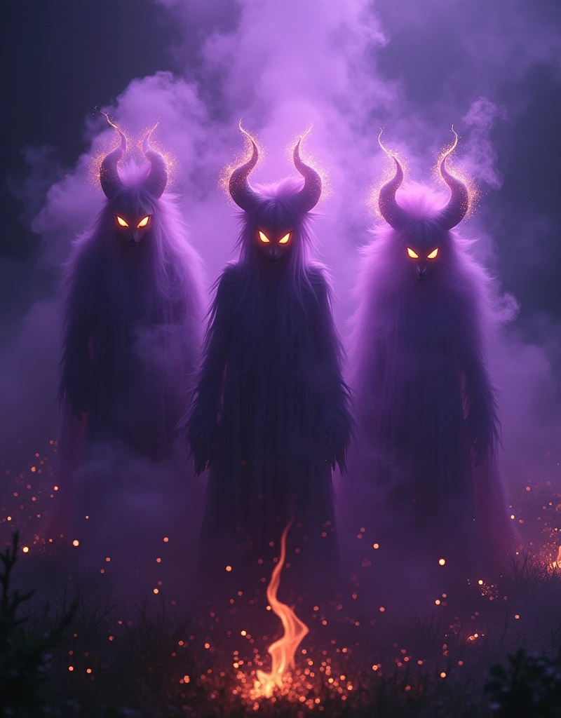 (Mysterious Fog:1.5), Imagine an eerie, mystical scene in the dead of night. Three ethereal jinn entities manifest from the darkness, their eyes aglow with an intense shine that pierces the obscurity. These enigmatic beings are shrouded in a cocoon of purple mist and smoke, adding to their spectral ambiance. Simultaneously, their magic incites a brilliant display of golden fire and sparks, which dance around them in a chaotic yet beautiful performance. This supernatural spectacle serves as a reminder of their otherworldly power and the intense aura they exude.