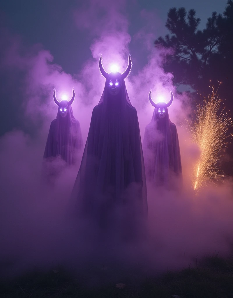 (Mysterious Fog:1.5), Imagine an eerie, mystical scene in the dead of night. Three ethereal jinn entities manifest from the darkness, their eyes aglow with an intense shine that pierces the obscurity. These enigmatic beings are shrouded in a cocoon of purple mist and smoke, adding to their spectral ambiance. Simultaneously, their magic incites a brilliant display of golden fire and sparks, which dance around them in a chaotic yet beautiful performance. This supernatural spectacle serves as a reminder of their otherworldly power and the intense aura they exude.