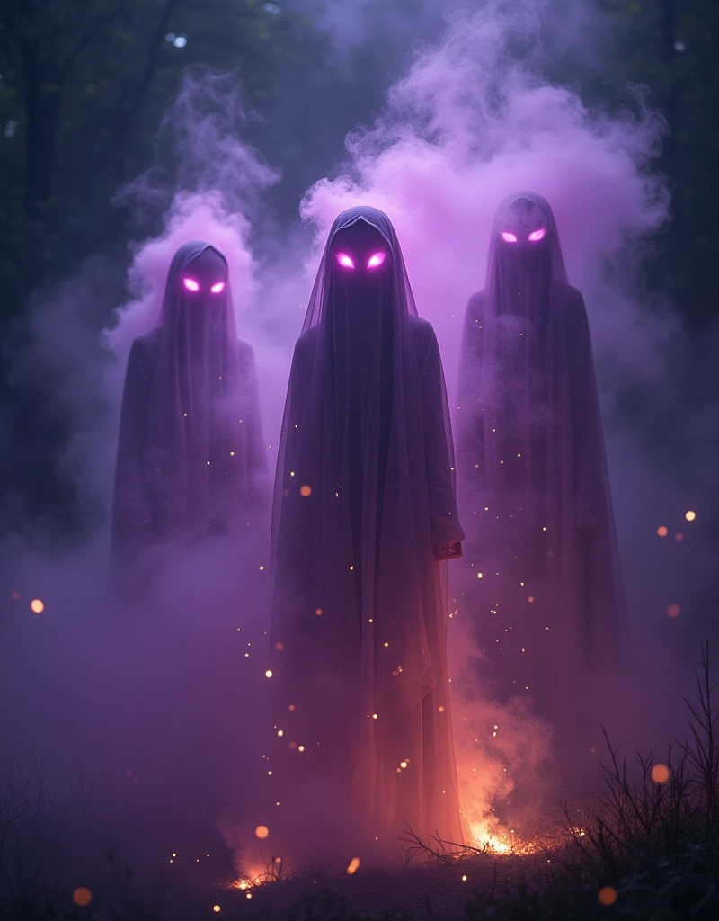 (Mysterious Fog:1.5), Imagine an eerie, mystical scene in the dead of night. Three ethereal jinn entities manifest from the darkness, their eyes aglow with an intense shine that pierces the obscurity. These enigmatic beings are shrouded in a cocoon of purple mist and smoke, adding to their spectral ambiance. Simultaneously, their magic incites a brilliant display of golden fire and sparks, which dance around them in a chaotic yet beautiful performance. This supernatural spectacle serves as a reminder of their otherworldly power and the intense aura they exude.