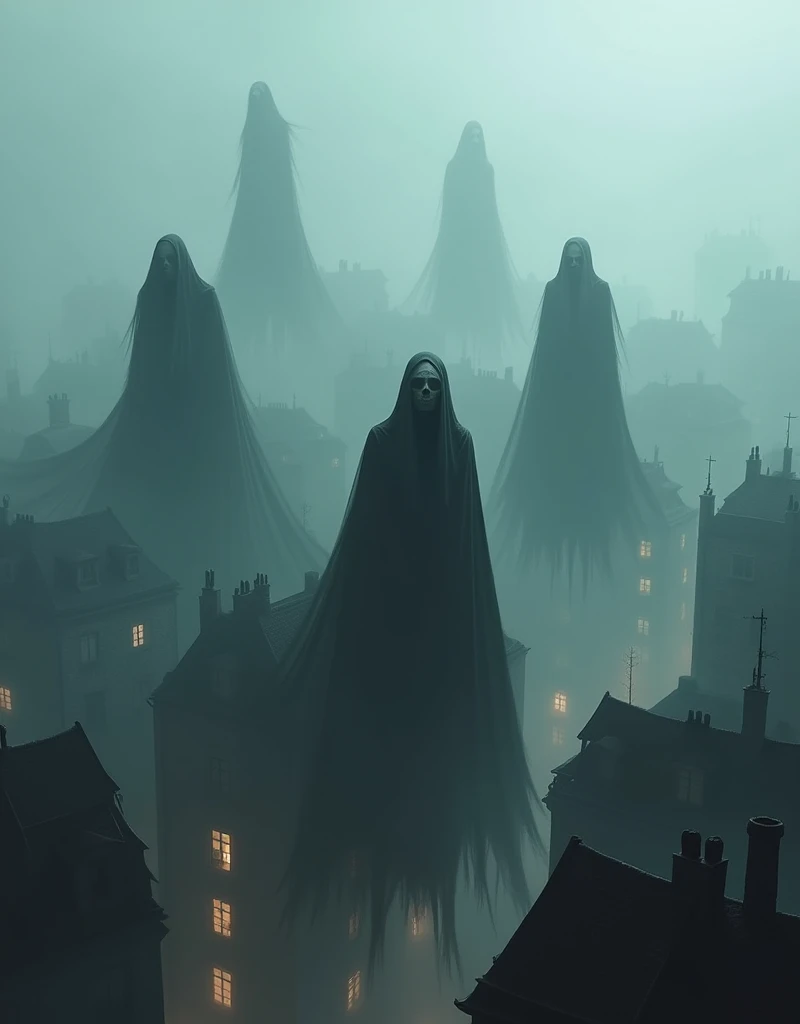 An eerie, fog-laden cityscape filled with dark, shadowy figures. These figures are tall with drifting cloaks, giving them a ghostly appearance. Their long, bony fingers reach out towards the city below, creating an atmosphere of dread and mystery. Their hollowed faces, hidden under their hoods, emanate a cold, chilling vibe. These figures are imagined based loosely on fantasy literature creatures, prowling the rooftops, gliding effortlessly above the tiny buildings, and weaving through the streets, casting long, ominous shadows on the ground below.