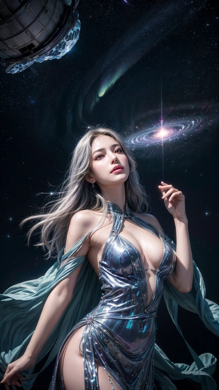 (Galactic Goddess:1.2), (celestial being:1.2), star-filled skin, flowing iridescent hair, ((masterpiece:1.4, best quality)), ((masterpiece, best quality)), (photo realistic:1.4), 1goddess, (divine female figure), ((glowing stars)), swirling nebulae, serene expression, (distant galaxies:1.2), cosmic attire, ((stardust gown, constellation patterns, celestial symbols)), ((floating asteroids:1.2)), shooting stars, radiant auroras, rich colors, deep blues, purples, hints of gold and silver, harmonious composition, magical, otherworldly, cosmic beauty, sexy pose,clean facial expression, professional lighting, physically-based rendering, ethereal, majestic, Rich Detail, Perfect Image Quality