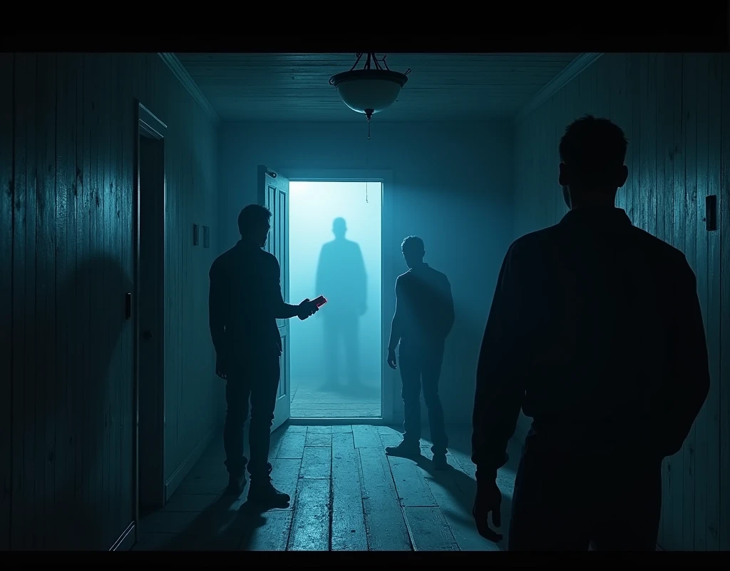 (3 Men:1, no light, no lamps, Moonlight from the window, Dark room:1), various positions in the room, one at the back by the door, in the middle a man with a walkie talkie, Flashlight in hand, Flashlight illuminates the room, Ghost Hunt, (evil spirit of a deceased person very blurred in the background, ghost to recognize in the photo), (design from the game Phasmophobia, items from the game Phasmophobia), old wooden house, Photo taken from a digital camera, amateur photo, blue filter due to poor camera quality