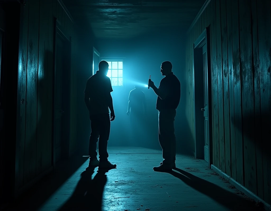 (3 Men:1, no light, no lamps, Moonlight from the window, Dark room:1), various positions in the room, one at the back by the door, in the middle a man with a walkie talkie, Flashlight in hand, Flashlight illuminates the room, Ghost Hunt, (evil spirit of a deceased person very blurred in the background, ghost to recognize in the photo), (design from the game Phasmophobia, items from the game Phasmophobia), old wooden house, Photo taken from a digital camera, amateur photo, blue filter due to poor camera quality