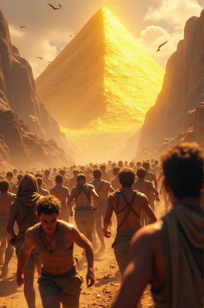 People are running to the mountain of gold,some are falling down,some are riding on the backs of others 3D