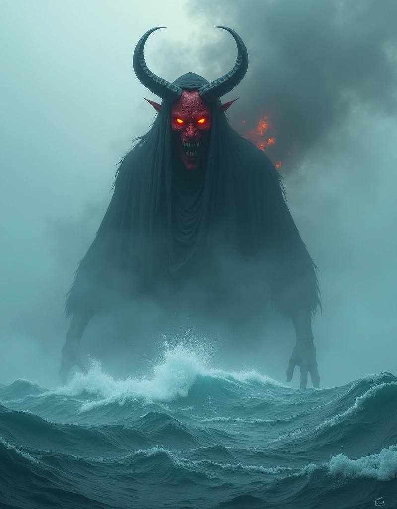 A frightening figure rises from the thick mist over the azure sea. This entity is demonic in nature, with blood-red skin, glowing amber eyes, and wickedly pointed horns. It is enveloped in an ominous shroud of smoke and fire, further enhancing its terrifying and otherworldly appearance. The sea beneath it boils in fear, creating a contrast between the tranquil, limitless sky above and the chaotic turmoil below. This unsettling scene creates a remarkable juxtaposition between beauty and horror, tranquility and chaos.