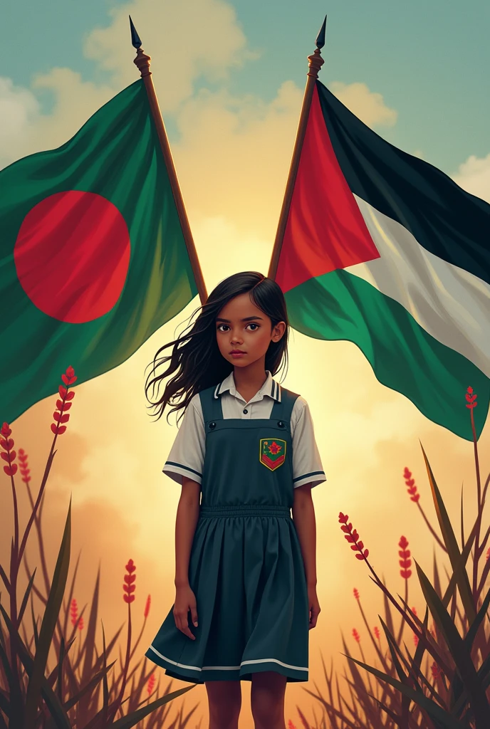 Bangladeshi flag and Palestine with student girl