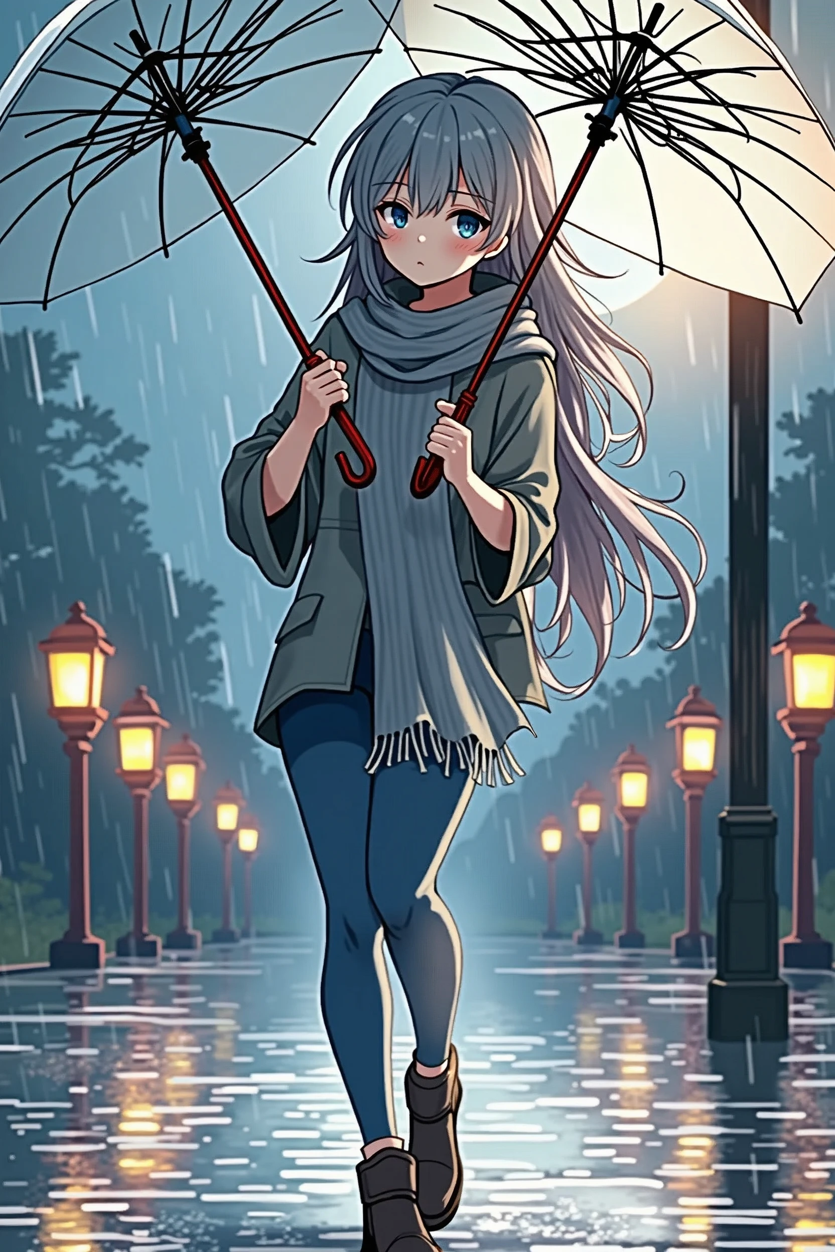 On the rainy playground, the girl hit the umbrella above her head, and held an umbrella in her other hand, blue denim leggings, masterpiece superb night moon full moon 1 female mature woman, Chinese sister royal sister cold face showing silver white long hair woman light pink lips calm intellectual three banded gray  assassin lantern lantern flower ball background strolling street scene, long hair shawl,