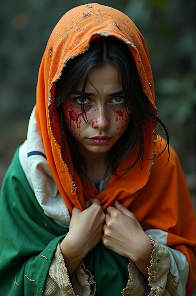 A girl sitting not showing cleavage with torn clothes wrapped in Indian flag, got injuries and red marks in body and face crying