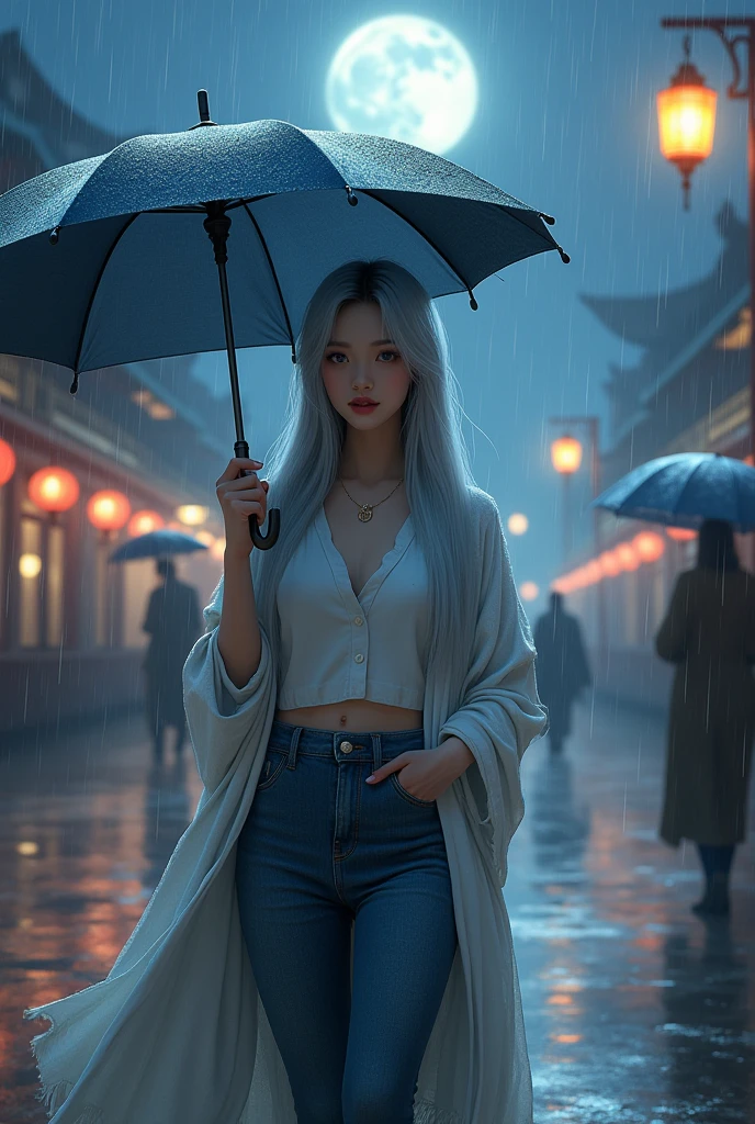 On the rainy playground, the girl hit the umbrella above her head, and held an umbrella in her other hand, blue denim leggings, masterpiece superb night moon full moon 1 female mature woman, Chinese sister royal sister cold face showing silver white long hair woman light pink lips calm intellectual three banded gray elementary school student assassin lantern lantern flower ball background strolling street scene, long hair shawl,