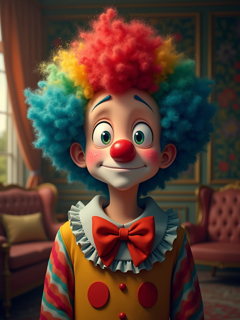 Create a photo of noah from the anime "Why Raeliana Ended Up at the Duke's Mansion", in a clown costume, smiling through annoyance