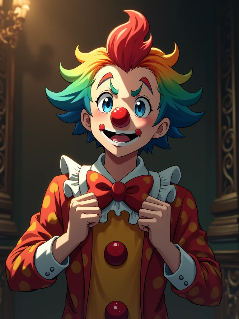 Create a photo of noah from the anime "Why Raeliana Ended Up at the Duke's Mansion", in a clown costume, smiling through annoyance
