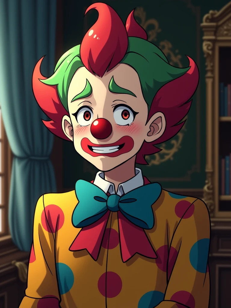 Create a photo of noah from the anime "Why Raeliana Ended Up at the Duke's Mansion", in a clown costume, smiling through annoyance