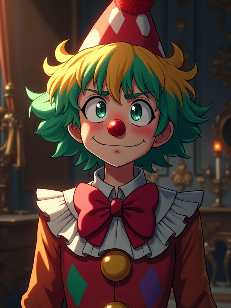 Create a photo of noah from the anime "Why Raeliana Ended Up at the Duke's Mansion", in a clown costume, smiling through annoyance