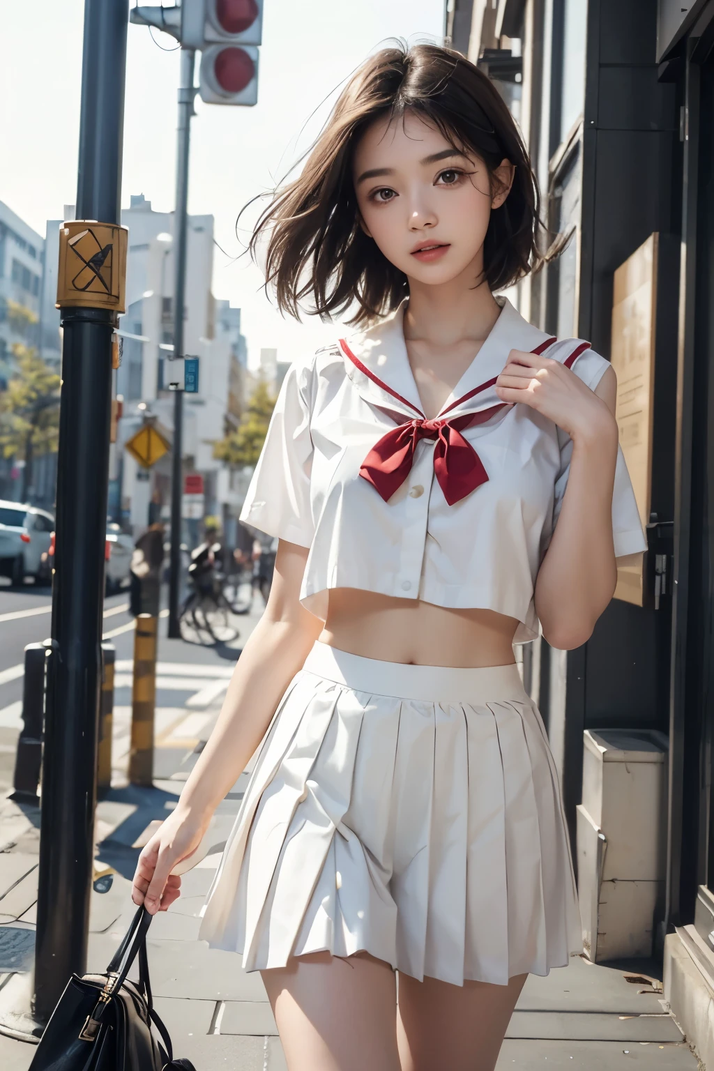Ultra-high resolution,(reality: 1.4),Highest quality, masterpiece, Attention to detail, 16K quality, beautiful, 1 beautiful girl,super beautiful face,Baby Face,idol face,Cute Face,Highly detailed face,Detailed hands,beautiful skin,Rui々Fresh skin,Professional Lighting,short hair, Black Hair,brown beautiful eyes,Sailor suit,Red bow tie,Yellow pleated skirt,Are standing,A gust of wind flipped my skirt up and I had to hold it down with my hands,(((Showing panties))),((White panties)),beautiful胸,Walking in the city,Browsing Caution,From below,Blur the background