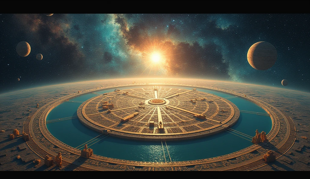 With digital art, 4k, 8k, create the Sumerian vision of the planet and the cosmos. His vision was like this: The earth was a flat disk (in the center of the disk is the land of Sumer with its cities and its great ziggurats.), surrounding the disk, the ocean, below the ocean and the disk, the underworld, above the disk and the ocean, the celestial dome or the sky, The underworld and the sky would make a sphere, with the disk and the ocean in the center. Outside of this, the universe with its galaxies and its laganas stars.