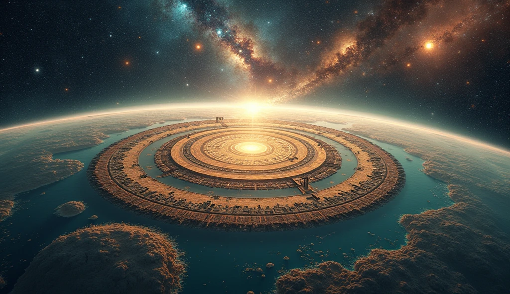 With digital art, 4k, 8k, create the Sumerian vision of the planet and the cosmos. His vision was like this: The earth was a flat disk (in the center of the disk is the land of Sumer with its cities and its great ziggurats.), surrounding the disk, the ocean, below the ocean and the disk, the underworld, above the disk and the ocean, the celestial dome or the sky, The underworld and the sky would make a sphere, with the disk and the ocean in the center. Outside of this, the universe with its galaxies and its laganas stars.
