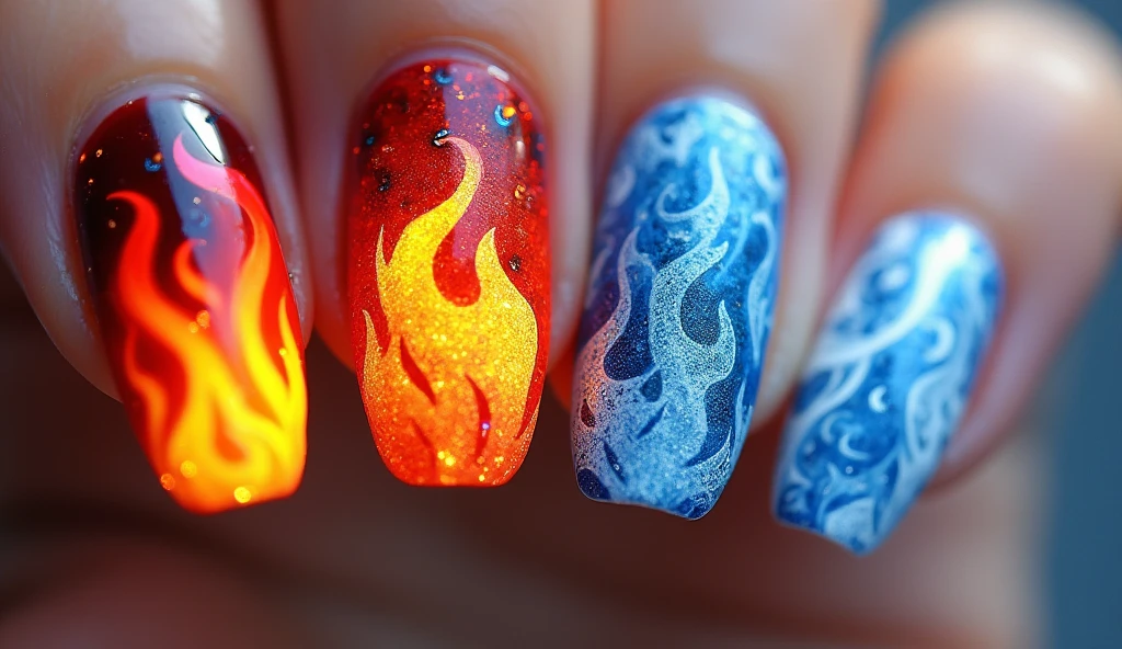Fire and Ice Nail Art: Play with contrasts by combining fire and ice in this bold design. One half of each nail features a flame pattern in fiery red, orange, and yellow hues, while the other half showcases icy blue and white swirls. The background blends these two elements, creating a seamless transition from hot to cold, giving the nails a dynamic and dramatic appearance.
