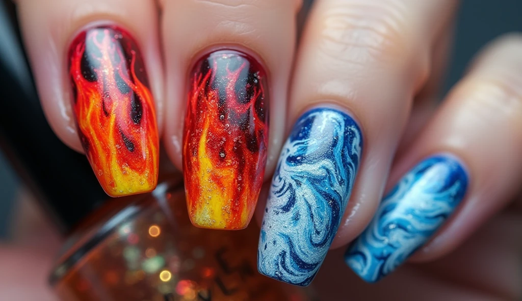 Fire and Ice Nail Art: Play with contrasts by combining fire and ice in this bold design. One half of each nail features a flame pattern in fiery red, orange, and yellow hues, while the other half showcases icy blue and white swirls. The background blends these two elements, creating a seamless transition from hot to cold, giving the nails a dynamic and dramatic appearance.


















