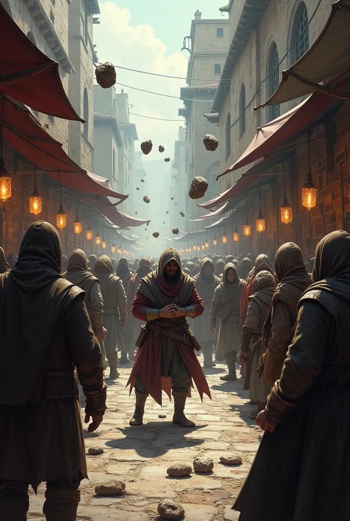in a medievel market, the market people there are throwing rocks at a person