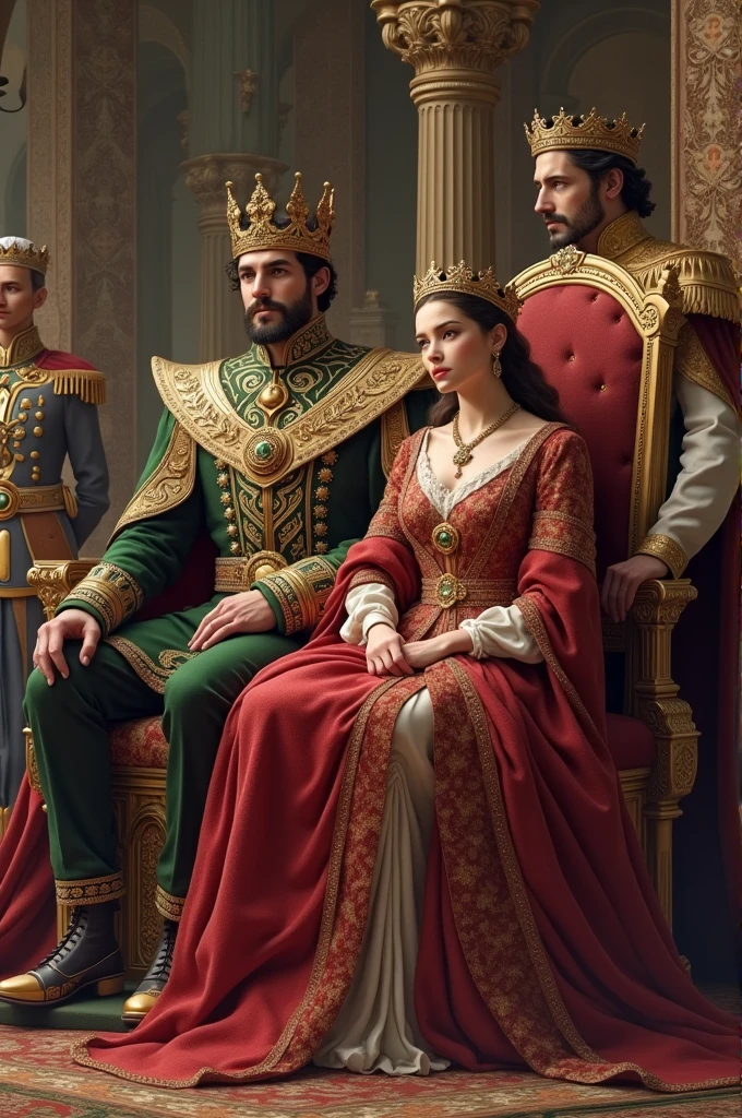 make a picture with the king and queen sitting on the crown seat. behind it and a prince with his lover. and on the side a prince and a soldier