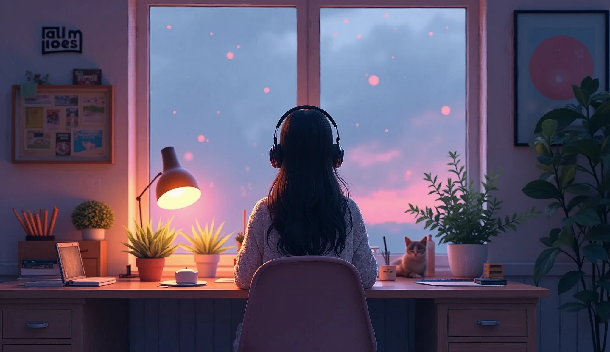 The focal point of the image is a teenage girl sitting by a large window, with soft, dim lighting casting a warm glow over the room. The girl has long hair, casually tied up or loose, and is wearing comfortable, casual clothing like an oversized sweater. She’s sitting at a wooden desk with a few open books, a notebook, and a steaming cup of tea or coffee beside her. She’s wearing headphones and seems deeply engrossed in what she’s doing, whether it’s studying, writing, or simply listening to music.

The window shows a gentle rain or evening cityscape, adding to the tranquil vibe. In the background, there might be soft details like a cat sleeping on the bed, a small plant on the windowsill, and a few scattered art supplies or vinyl records, enhancing the cozy atmosphere.

Text: The channel name, "Calm Vibes Hub," could be displayed subtly in the scene, perhaps on a poster above her desk, in a notebook cover, or as a soft neon light in the background. The font should be simple and elegant, fitting the lo-fi aesthetic.

Additional Details: The image should have a soft, slightly grainy texture typical of the lo-fi style, with muted tones like soft pinks, blues, and purples. The overall mood should evoke a sense of serenity and focus, ideal for viewers seeking relaxation or study music