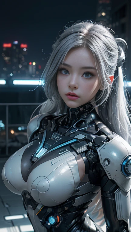 Browsing Caution, One girl, , whole body, cyber punk, Mecha, Mechanics, (masterpiece: 1.4), (8k, Realist, RAW Photos, Best Quality: 1.4), transparent nipple areola shape,, Large Breasts, Of Japanese, Beautiful cute face, (The real way: 1.4), perfection , Beautiful hairstyle, Ojos azules Realists, Beautiful eye for detail, (Real Skin: 1.3), Beautiful Skin, Charm, Ultra-high resolution, ultra Realist, Cinema Lighting, Dyeing hair white, Long Hair, ribbon, City ruins, Future World,Retrofuturist goes,cyborg,Gray Hair,Part of face is robotic,Retrofuturistic colors, Neon Light ,Yoga pose view,Light blue suit ,Blue fur