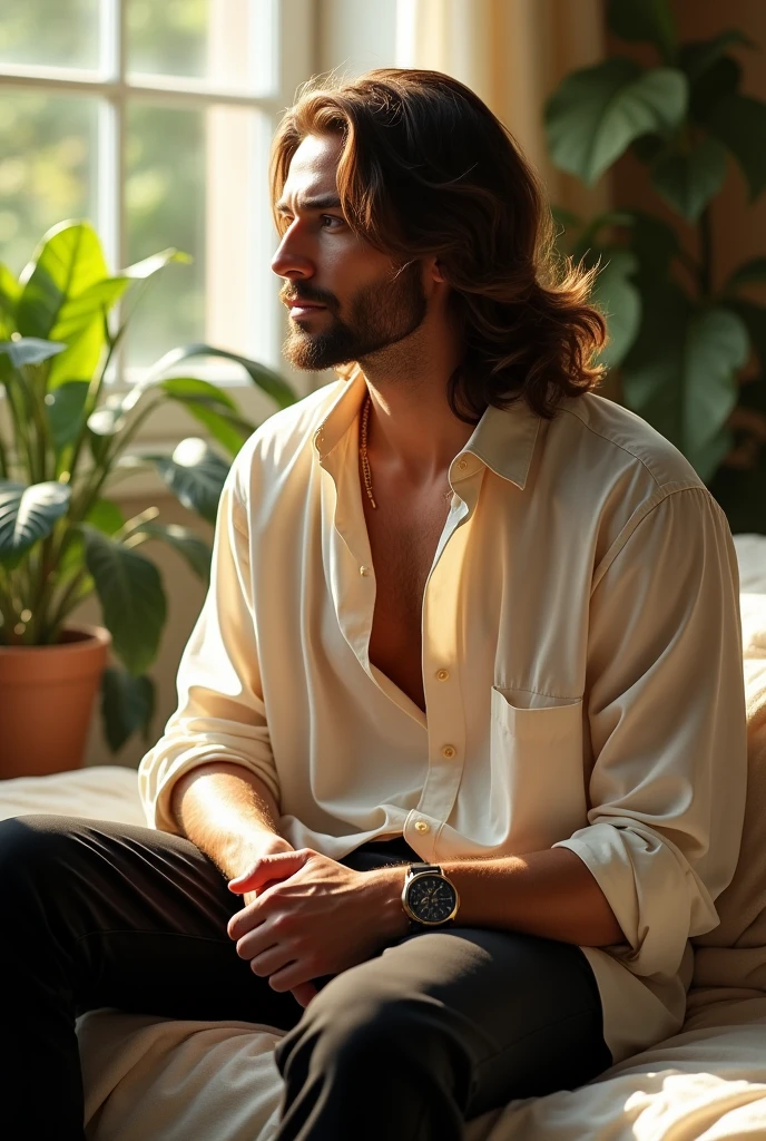 (photorealism:1.2),, handsome man sitting on bed, wearing loose off white shirt, black pants, long hair, indoors, soft lighting, plants in background, window with sunlight, cozy room, relaxed pose, realistic, intricate details, warm colors, by Greg Rutkowski.