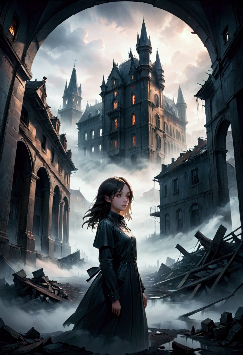1girl, Mysterious Fog, a mysterious and eerie fog, a lone figure in the distance, dramatic lighting, moody atmosphere, detailed mist and fog, abandoned building in the background, gloomy and haunting landscape, detailed texture and rendering, cinematic composition, dramatic color palette, chiaroscuro lighting, high contrast, masterpiece, best quality, very aesthetic, absurdres