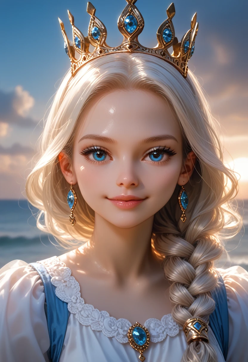 One girl comes out of the sea, The Swan Princess from Russian mythology, beautiful calm face, Blue eyes, long blond hair braided in one braid, the moon the moon is woven into the hair at the back of the head, white vintage russian shiny clothes, on the head there is a crown of kokoshnik, Affectionate look, half smile, tender expression on his face, background seascape and sunlight, Seagulls in the sky, full length, photorealism, cinematic film still,score_9,score_8_up,score_7_up,dramatic lighting,highly detailed,high budget,bokeh,cinemascope,moody,epic,gorgeous,film grain,grainy,masterpiece,best quality,perfect anatomy,very aesthetic,official art,8k, bright colors, A clear picture, The entire image is whole, All according to the Author, masterpiece, Accurate result completed, Highest quality processing,