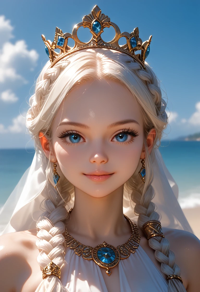 One girl comes out of the sea, The Swan Princess from Russian mythology, beautiful calm face, Blue eyes, long blond hair braided in one braid, the moon the moon is woven into the hair at the back of the head, white vintage russian shiny clothes, on the head there is a crown of kokoshnik, Affectionate look, half smile, tender expression on his face, background seascape and sunlight, Seagulls in the sky, full length, photorealism, cinematic film still,score_9,score_8_up,score_7_up,dramatic lighting,highly detailed,high budget,bokeh,cinemascope,moody,epic,gorgeous,film grain,grainy,masterpiece,best quality,perfect anatomy,very aesthetic,official art,8k, bright colors, A clear picture, The entire image is whole, All according to the Author, masterpiece, Accurate result completed, Highest quality processing,