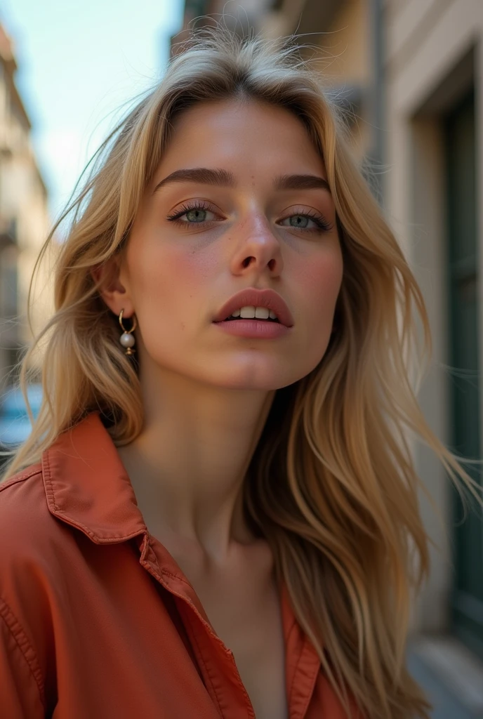 photo brute, une jeune fille de 22 ans, dans la rue, (Réaliste), (photo-Réaliste:1.5), rouge à lèvres,(photo brute, 8k euh, grain de film), eye-liner pointu, Fard à paupières blush avec cils épais, extrêmement délicat et beau, cheveux blond long et lisser (Prise de vue complète du corps:1.6), 8k, éclairage doux, Haute qualité, haute résolution, netteté, extrêmement détaillé, (soleil sur le visage), Beaux yeux détaillés, extrêmement détaillé eyes and face, chef-d&#39;œuvre, Éclairage cinématographique, (Peau très détaillée:1.2), 8k euh, Reflex numérique, éclairage doux, Haute qualité, grain de film, Fujifilm XT3