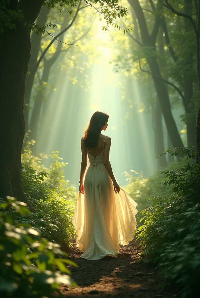 A beautiful woman , walking through a beautiful forest , visually aesthetic