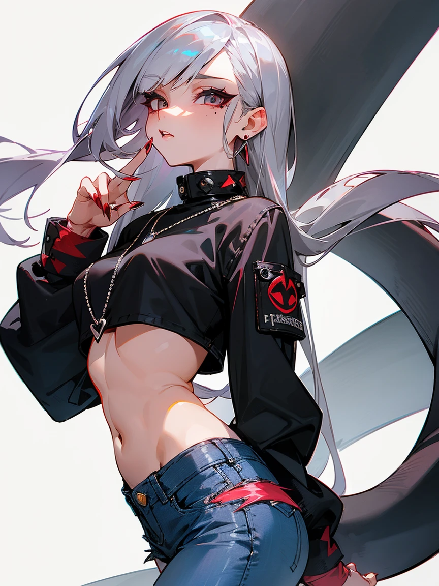 ((Long straight silver hair)), Perfect face, Necklace, Punk earrings, ((High target)), ((high quality)), necklace, ((Mature)), beautiful eyes, Sharp nails, Bangs, ((1 girl)), ((Multiple earrings)), 1 girl, Spiked earrings, aldult, Spiked collar, Sparse eyelashes, Solid color background, Red in the background, Vampire Girl, Long Tail, Big Tail, Huge tail, Shark Tail, ((Denim shorts)), ((long sleeve crop top)), close up, Mini skirt, High target, Long legs, Dynamic poses, Black tail, Two moles under the left eye, Wide hips, Pantyhose, Vibrant colors, close up, Sexy, Suggestive, Sexually Suggestive,