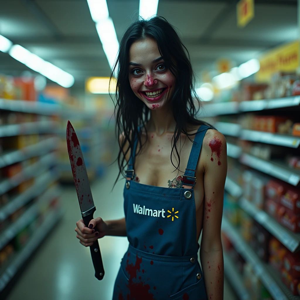 (masterpiece:1.3) 1girl, , (female serial killer:1.5) (skinny with an ugly face:1.3) working at Walmart, wearing an apron with topless under the apron, wide eyes, blood stains on clothes, short khaki shorts, big evil smile, (holding a knife:1.3), horror Walmart background, florescent grocery store lighting, deep shadows , extreme details, , complimentary lighting colors, deep skin, , brightly colored composition, "constricted pupils, small pupils, yellow glowing eyes", Slender Girl, OL, JK, purple bags_under_eyes, ( downblouse, BarbaraEvenot, Bags und