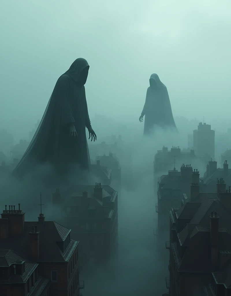 (Mysterious Fog:1.5), An eerie, fog-laden cityscape filled with dark, shadowy figures. These figures are tall with drifting cloaks, giving them a ghostly appearance. Their long, bony fingers reach out towards the city below, creating an atmosphere of dread and mystery. Their hollowed faces, hidden under their hoods, emanate a cold, chilling vibe. These figures are imagined based loosely on fantasy literature creatures, prowling the rooftops, gliding effortlessly above the tiny buildings, and weaving through the streets, casting long, ominous shadows on the ground below.