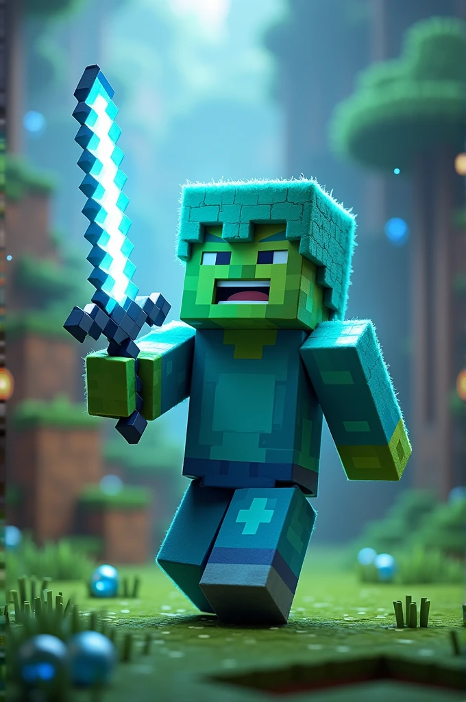 Make a minecraft charcter with smile and holing sword and of blue fade and green
