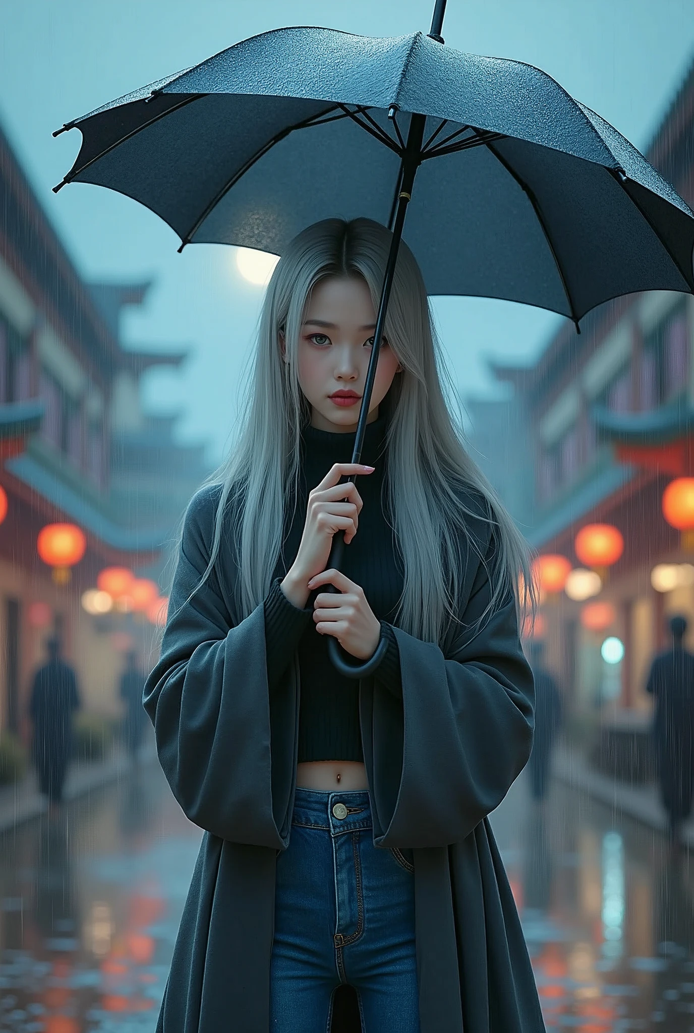 On the rainy playground, the girl hit the umbrella above her head, and held an umbrella in her other hand, blue denim leggings, masterpiece superb night moon full moon 1 female mature woman, Chinese sister royal sister cold face showing silver white long hair woman light pink lips calm intellectual three banded gray elementary school student assassin lantern lantern flower ball background strolling street scene, long hair shawl,