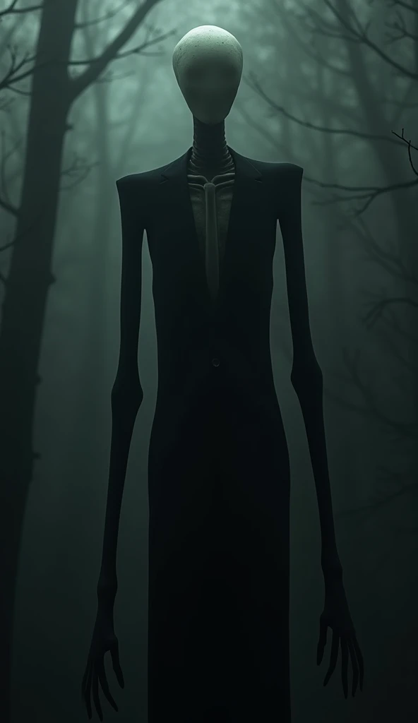 A close-up of the Slender Man, showing his unnaturally tall and thin form, with long, spindly arms and a faceless head