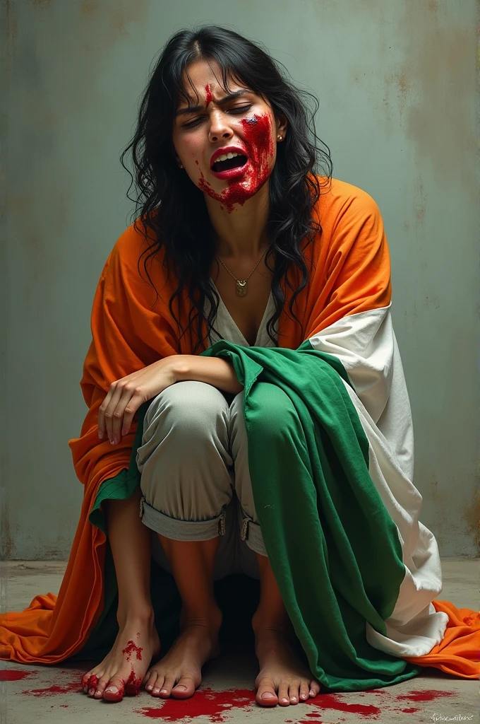 A girl sitting not showing cleavage with torn clothes wrapped in Indian flag, brutally injured and red marks in body and face crying