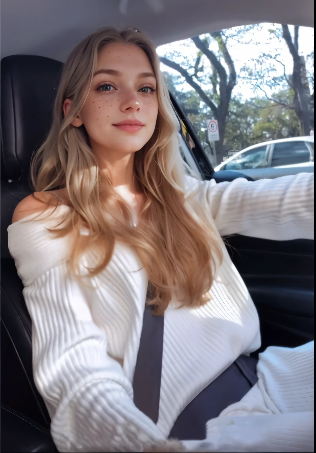 Face of a woman, americana, age 25, pale skin and freckles, grey-eyed, delicate nose, soft and delicate lips, Long Wavy Gray Blonde Hair, Sweet smile, cabelo solto e cheio