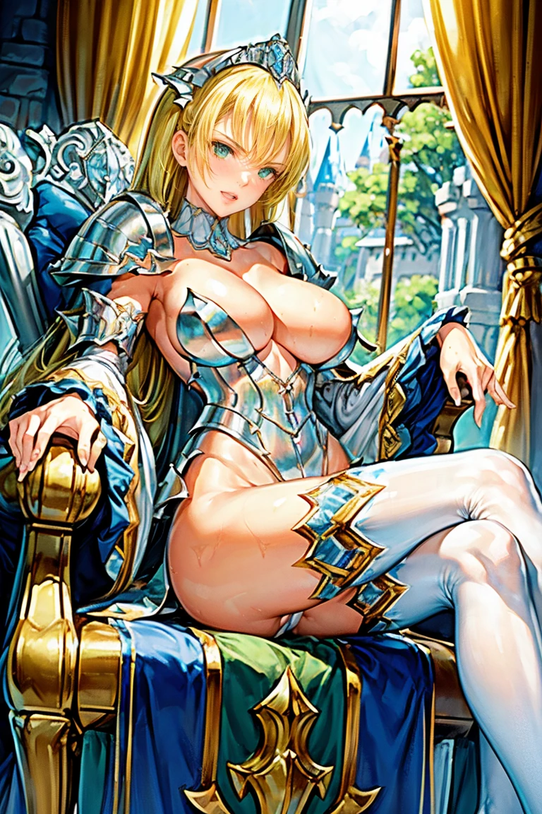 (Masterpiece), (1girl), (Cinderella Queen's Blade), (bikini armor), (blonde hair), (white thighhighs, stiletto heels, very long hair, huge breasts, highleg leotard, (((green eyes))), cleavage, flipped hair, showgirl skirt, blue shoulder armor, breastplate), (cowboy shot), smile, gleaming skin, oil skin, shiny skin, wet skin, sweat, white frill sleeves, perfect eyes, shiny eyes, deep detailed eyes, fair skin, sexy, antique chair, throne, sitting, breasts focus, castle room background,