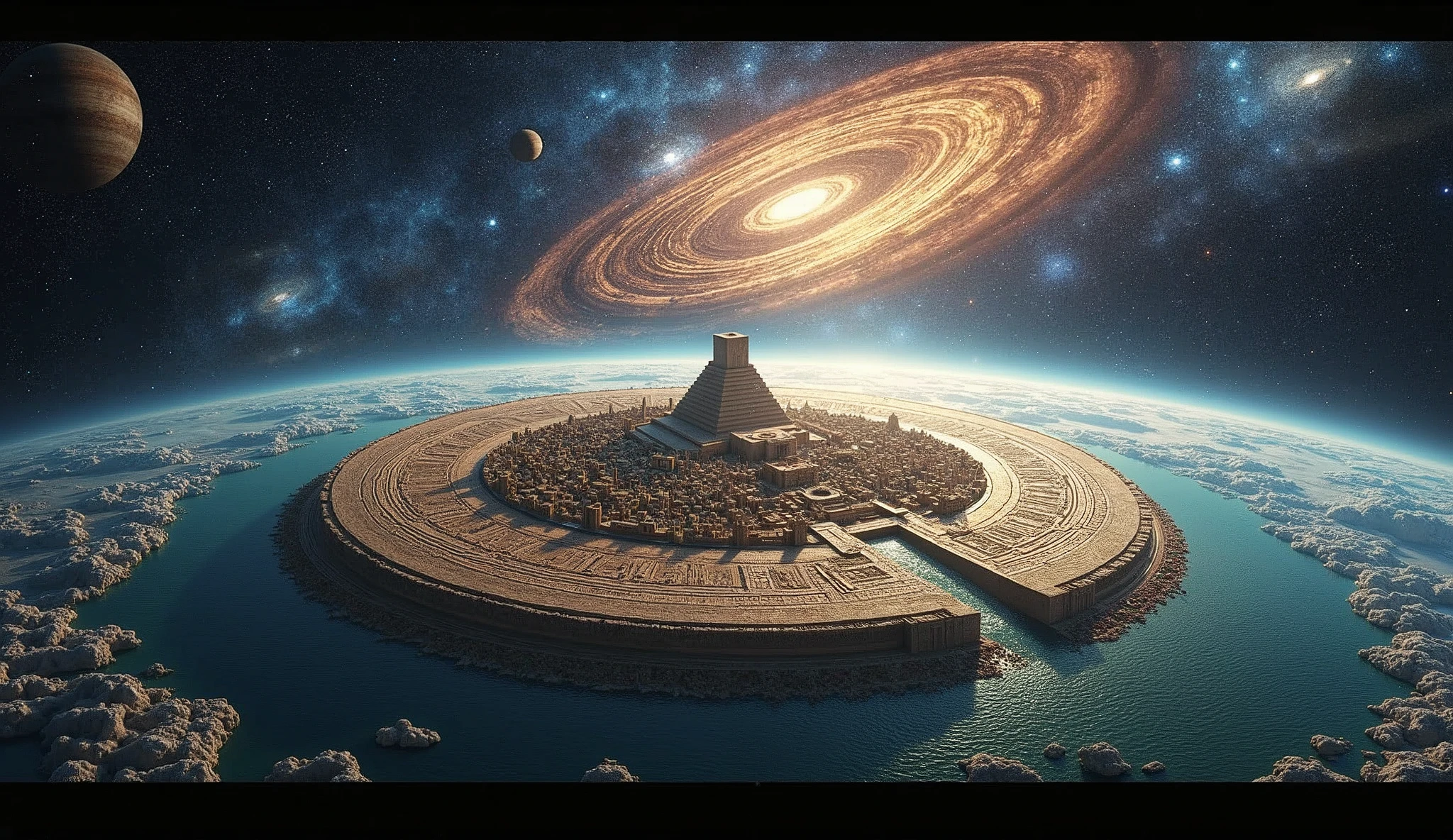 With digital art, 4k, 8k, create the Sumerian vision of the planet and the cosmos. His vision was like this: The earth was a flat disk (in the center of the disk is the land of Sumer with its cities and its great ziggurats.), surrounding the disk, the ocean, below the ocean and the disk, the underworld, above the disk and the ocean, the celestial dome or the sky, The underworld and the sky would make a sphere, with the disk and the ocean in the center. Outside of this, the universe with its galaxies and its laganas stars.