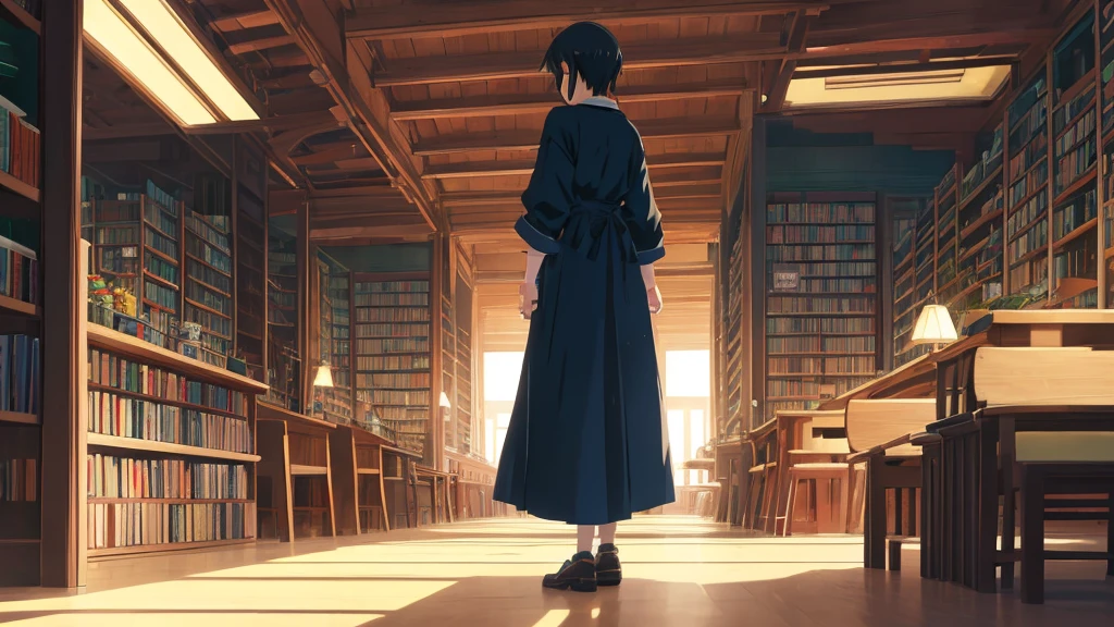 No people、Background only、Flat Line、anime、anime調、デジタルanimeアート、photograph、Back Blur、high quality、High resolution、Very detailed、Angle from the feet、library、dim、evening 、indoor