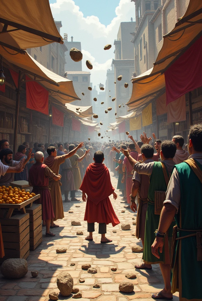 in a medievel market, the market people there are throwing rocks at a person