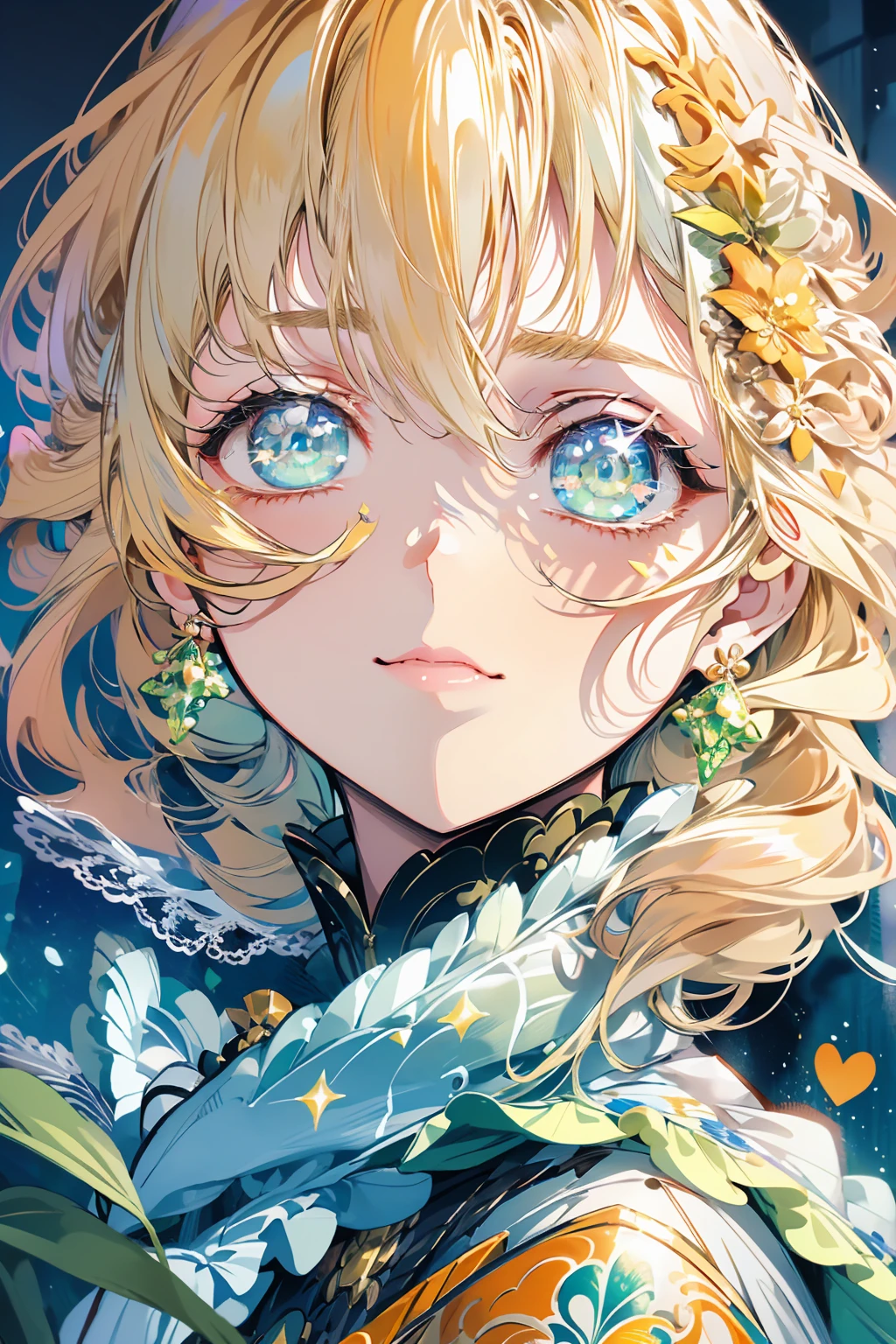 Photorealism , against the backdrop of bright nature, blonde hair, green  eyes , macro photography, blonde hair, green eyes , opal earrings in the form of patterns and fractals with a heart, blonde hair, green eyes , with glitter, with glitter, detailed eyes, pretty scenery
