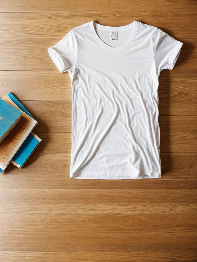 1 simple white t-shirt on the floor of a light wooden house. photo taken from above. Hello with simple books of different colors