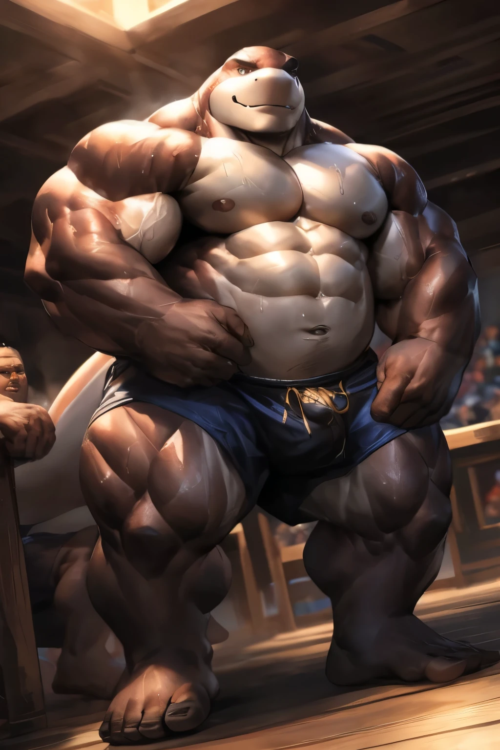 human nature, cannon, male, solitary, ((the strong,smart and masculine face,alpha daddy)), ((huge black and white killer whale,super massive muscular,super masculine)),eight-pack abs,Feet facing the audience,Dirty white socks,daily clothes,Sweat:1.4,high quality, (4K,high quality, high resolution, masterpiece), cartoon,((by lindong))