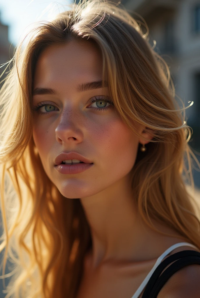 photo brute, une jeune fille de 22 ans, dans la rue, (Réaliste), (photo-Réaliste:1.5), rouge à lèvres,(photo brute, 8k euh, grain de film), eye-liner pointu, Fard à paupières blush avec cils épais, extrêmement délicat et beau, cheveux blond long et lisser (Prise de vue complète du corps:1.6), 8k, éclairage doux, Haute qualité, haute résolution, netteté, extrêmement détaillé, (soleil sur le visage), Beaux yeux détaillés, extrêmement détaillé eyes and face, chef-d'œuvre, Éclairage cinématographique, (Peau très détaillée:1.2), 8k euh, Reflex numérique, éclairage doux, Haute qualité, grain de film, Fujifilm XT3