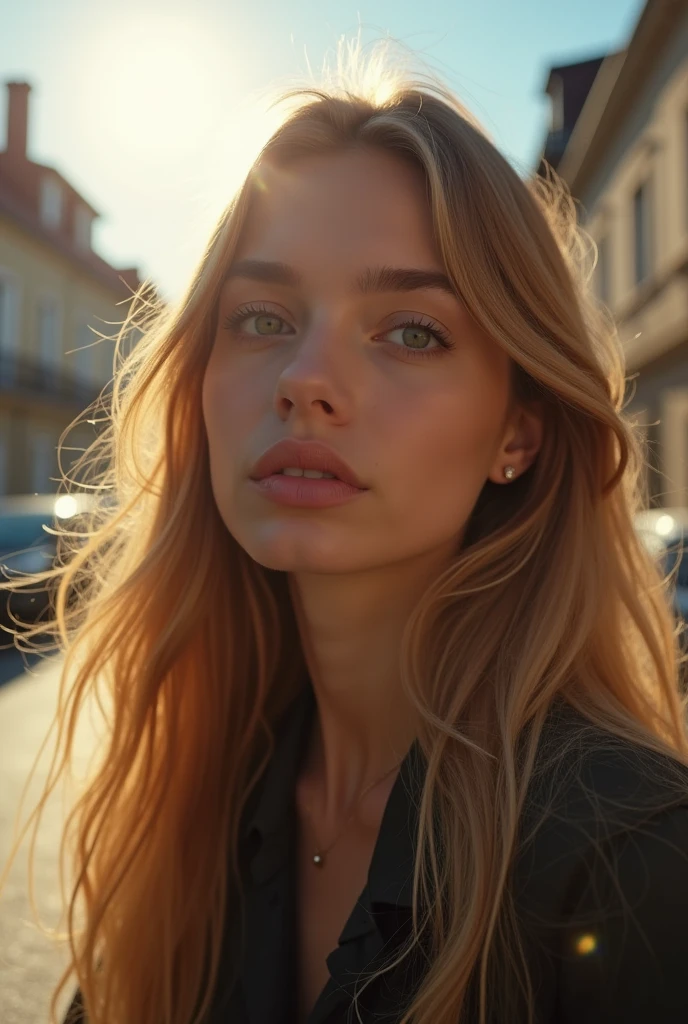 photo brute, une jeune fille de 22 ans, dans la rue, (Réaliste), (photo-Réaliste:1.5), rouge à lèvres,(photo brute, 8k euh, grain de film), eye-liner pointu, Fard à paupières blush avec cils épais, extrêmement délicat et beau, cheveux blond long et lisser (Prise de vue complète du corps:1.6), 8k, éclairage doux, Haute qualité, haute résolution, netteté, extrêmement détaillé, (soleil sur le visage), Beaux yeux détaillés, extrêmement détaillé eyes and face, chef-d'œuvre, Éclairage cinématographique, (Peau très détaillée:1.2), 8k euh, Reflex numérique, éclairage doux, Haute qualité, grain de film, Fujifilm XT3