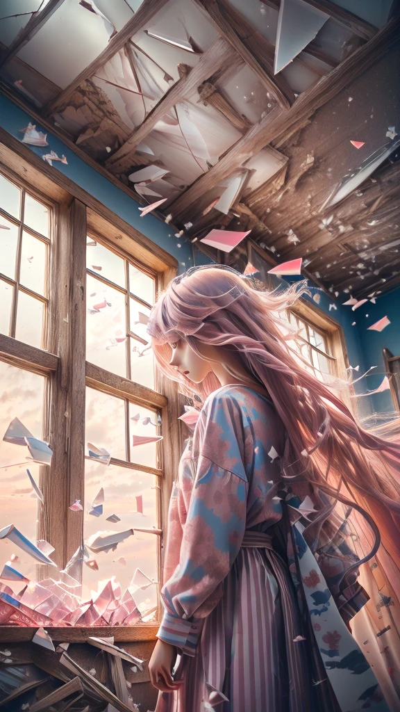 A lone 1girl abandoned, long hair flowing(Pink Hair:1.4)(glass shards:1.4)
Tension-filled shooting(The sky is tinged with pink,visual impact,使海报具有动感和visual impact力:1.2),
